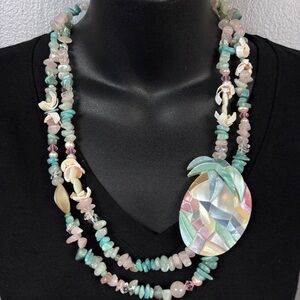 Vintage Necklace MOP Mosaic Pineapple Pink Green Soft Pastels Quartz Stones 26"